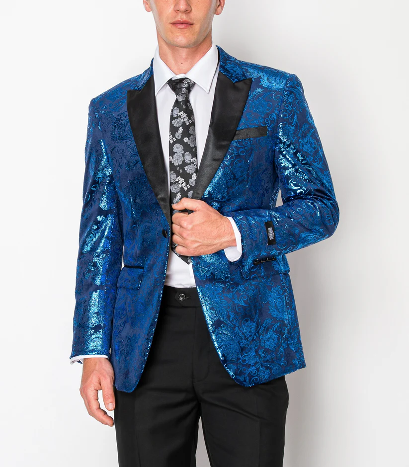 Patter blue tux jacket (front)