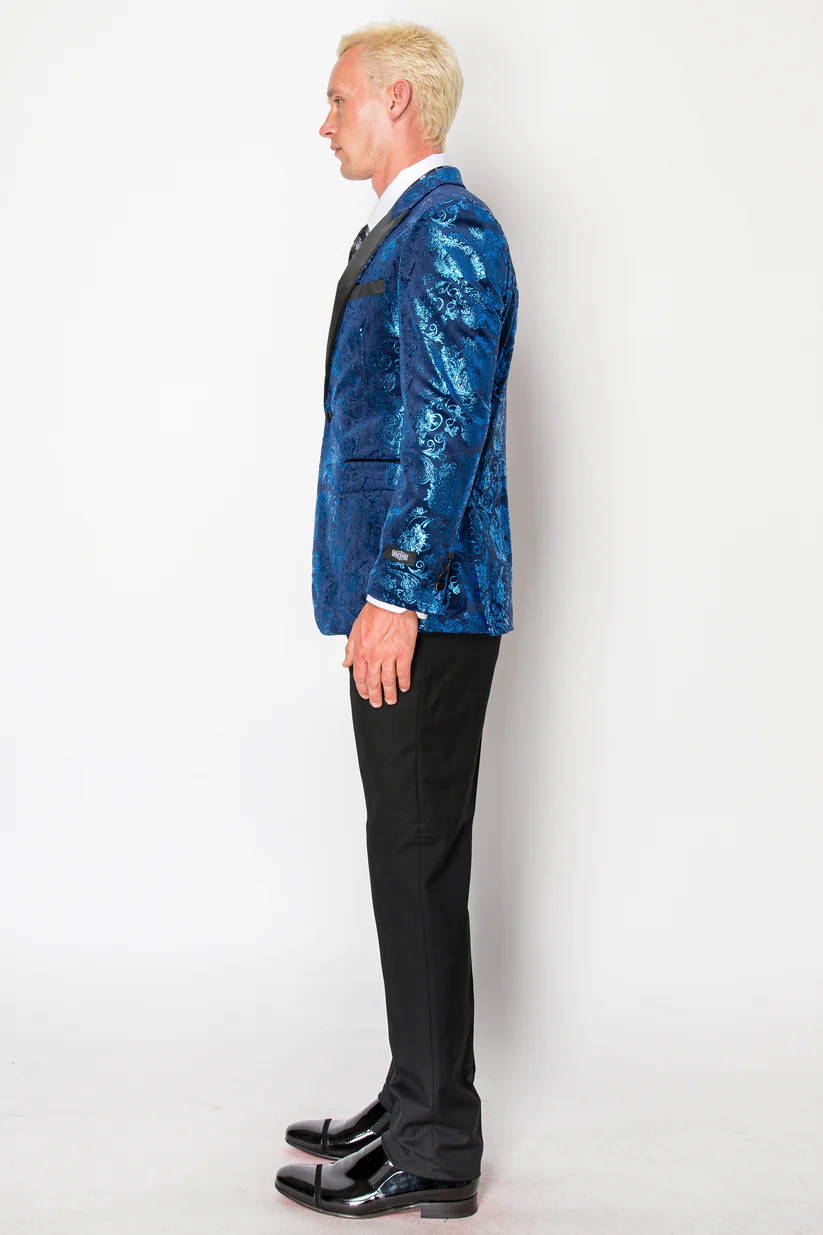 Patter blue tux jacket (side)